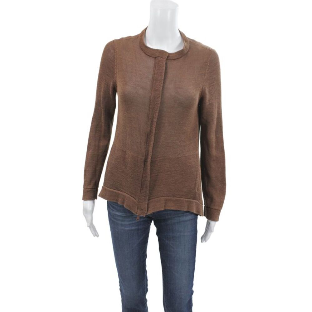 Brunello Cucinelli Women Coatigan Cotton Mock Neck Button Brown Size M